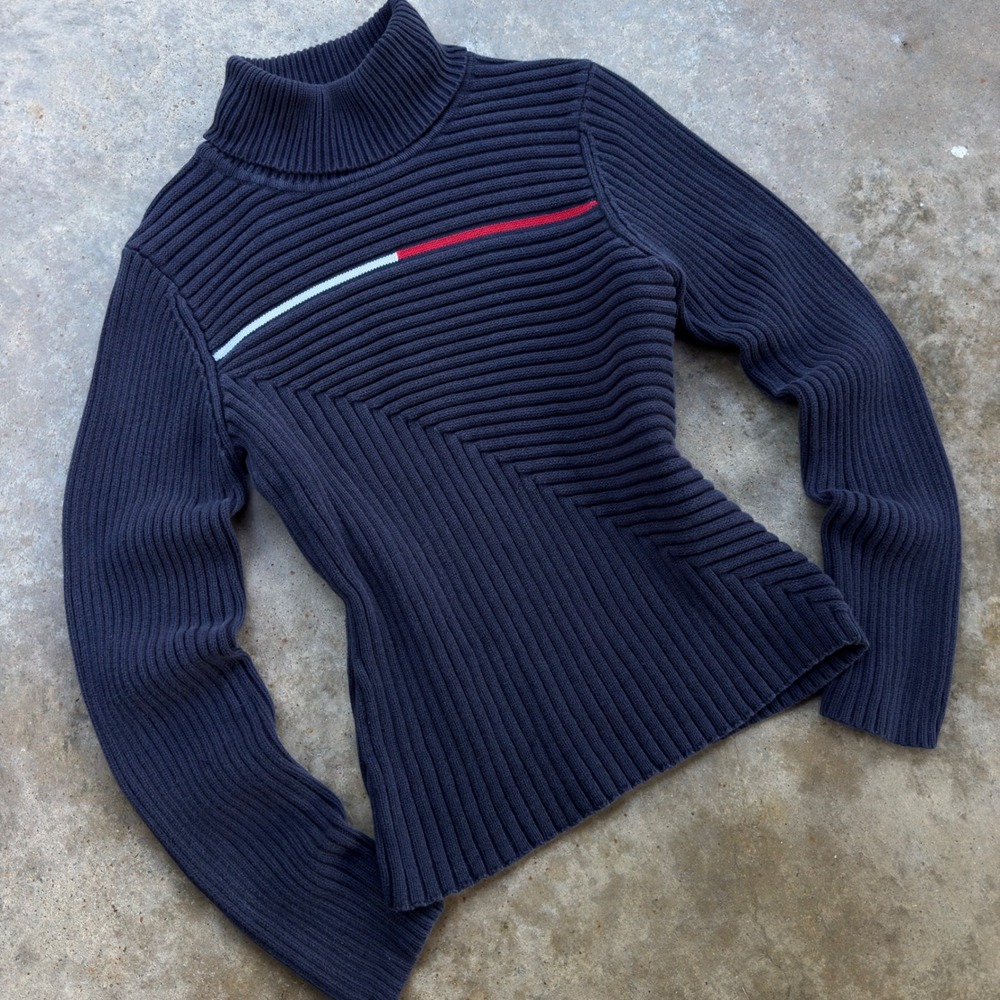 Vintage 90s Tommy Hilfiger Turtleneck Knit Sweater Navy Blue Size M (b2)